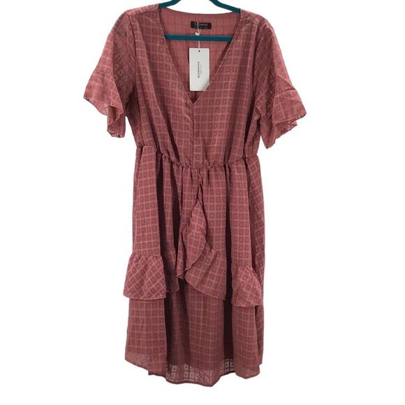 BLOOMCHIC 12 L Pink Rosette Short Sleeve V-Neck Ruffle Midi Dress NWT B91 - Picture 1 of 7